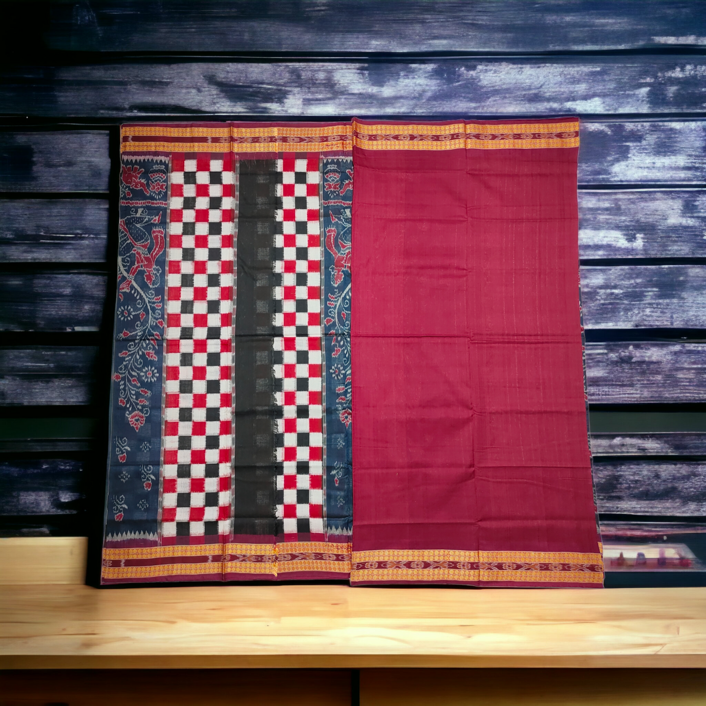 TSC Bandha Cotton Saree in Navy Blue and Maroon with Tribal Worship Motifs