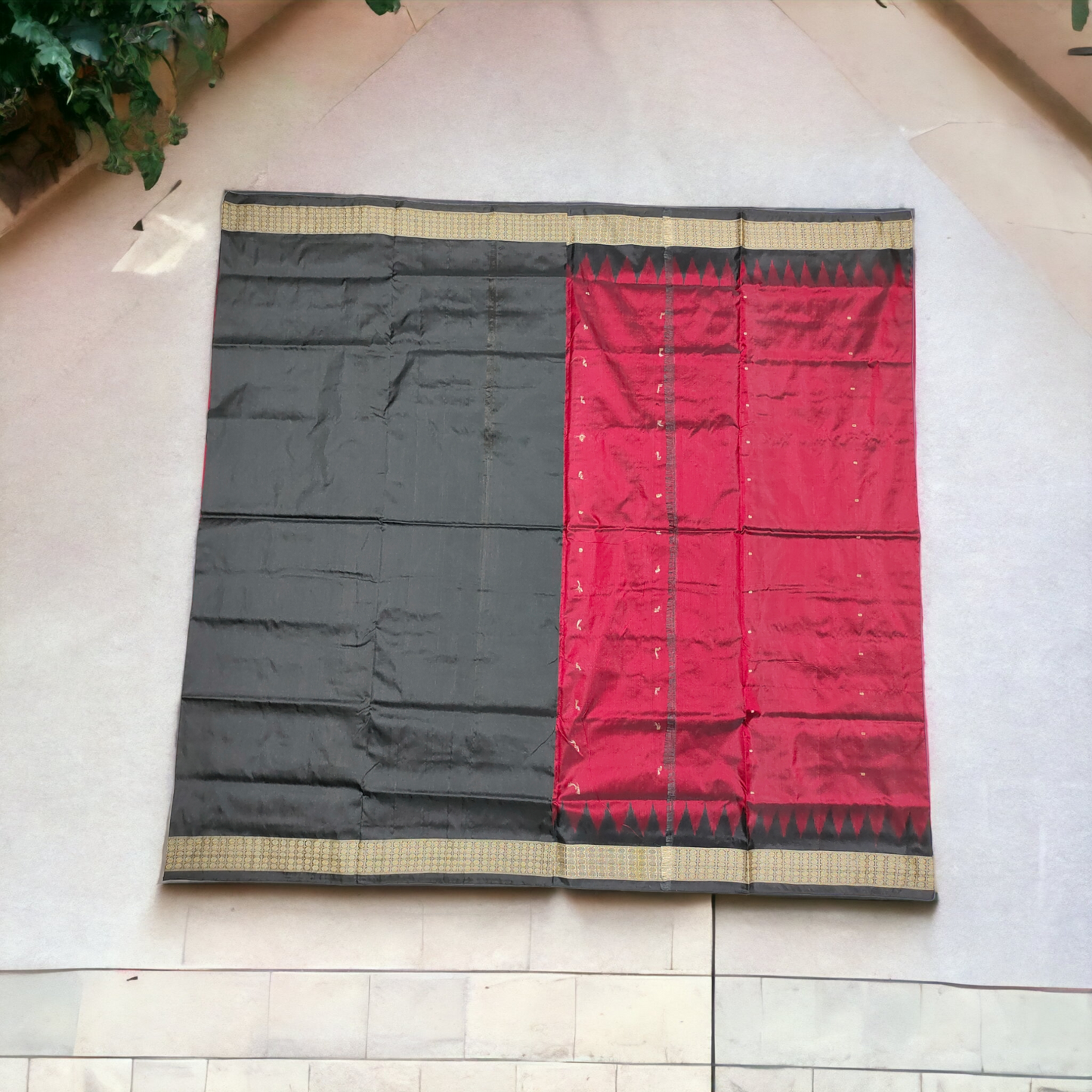 TSC Red and Black Bomkai Fusion Silk Saree