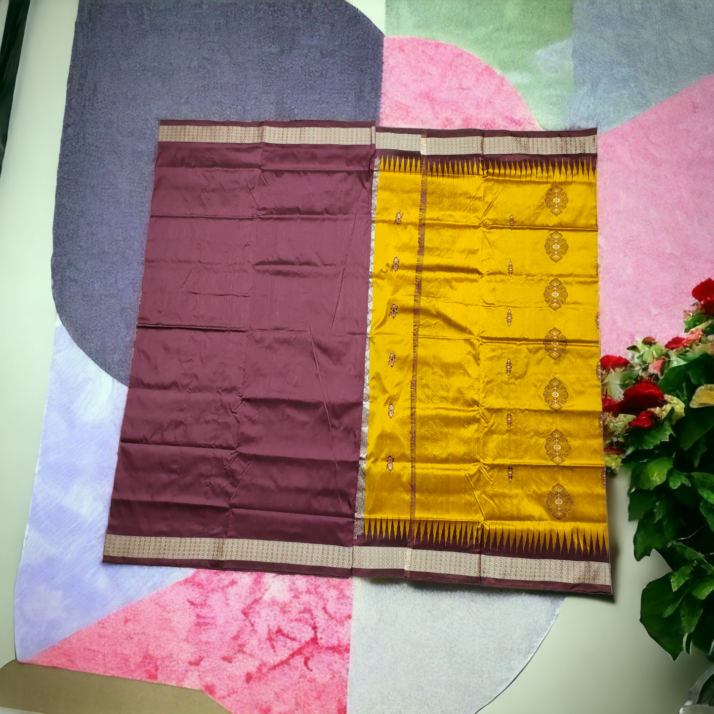 TSC Silk Sambalpuri Saree in Golden Yellow and Maroon with Peacock | Lata | Floral Motifs