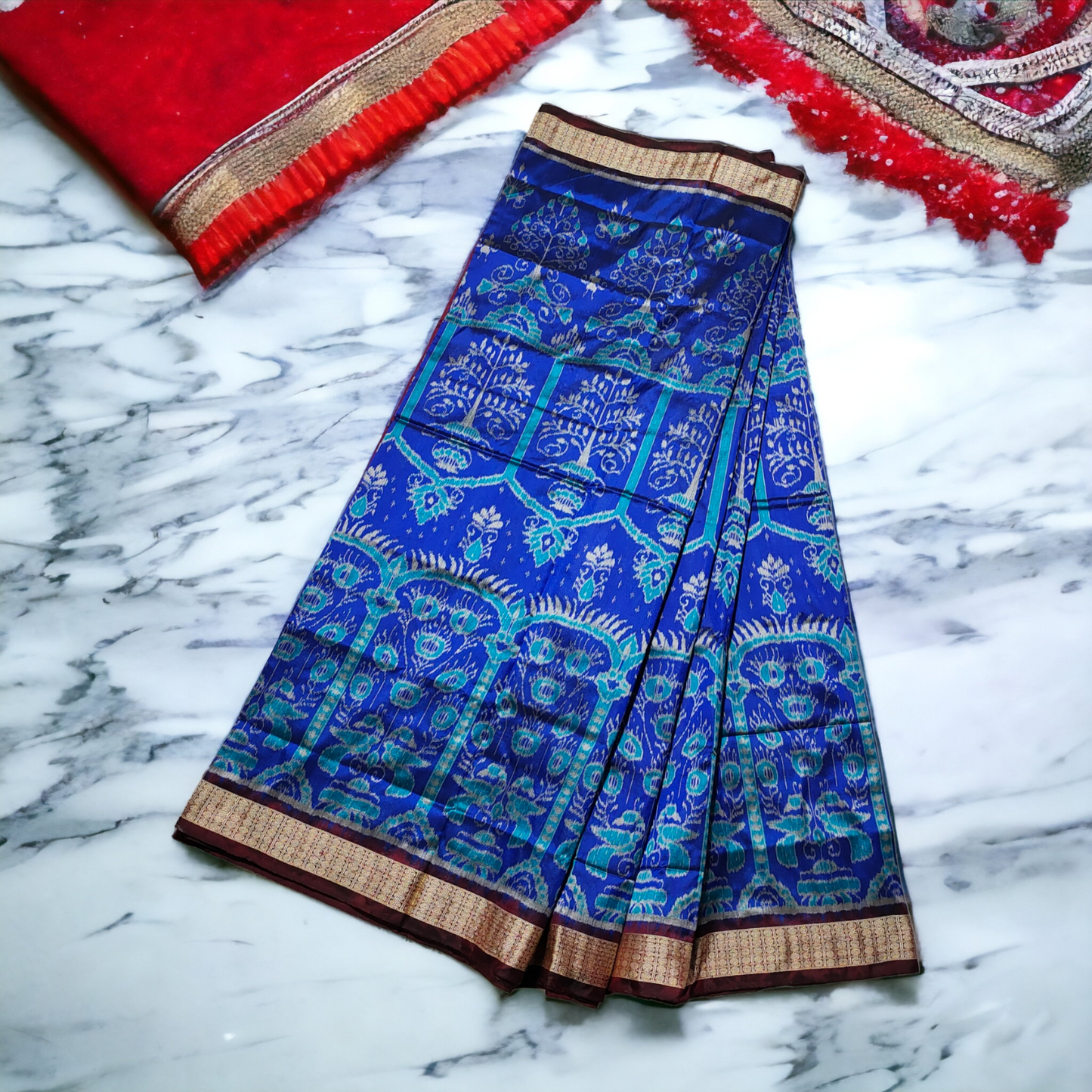 TSC Navy Blue Silk Saree with Maroon Border and Exquisite Motifs