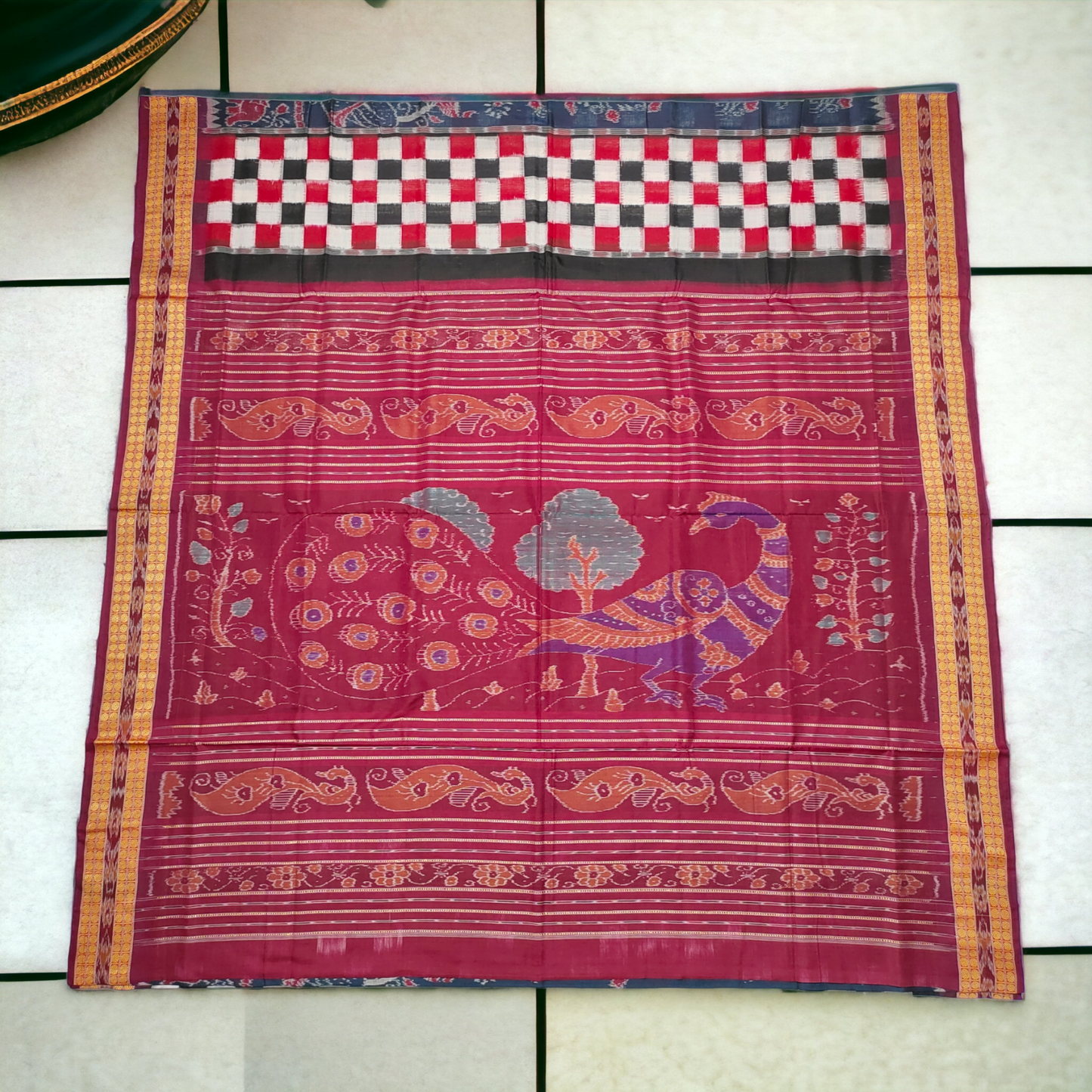 TSC Bandha Cotton Saree in Navy Blue and Maroon with Tribal Worship Motifs