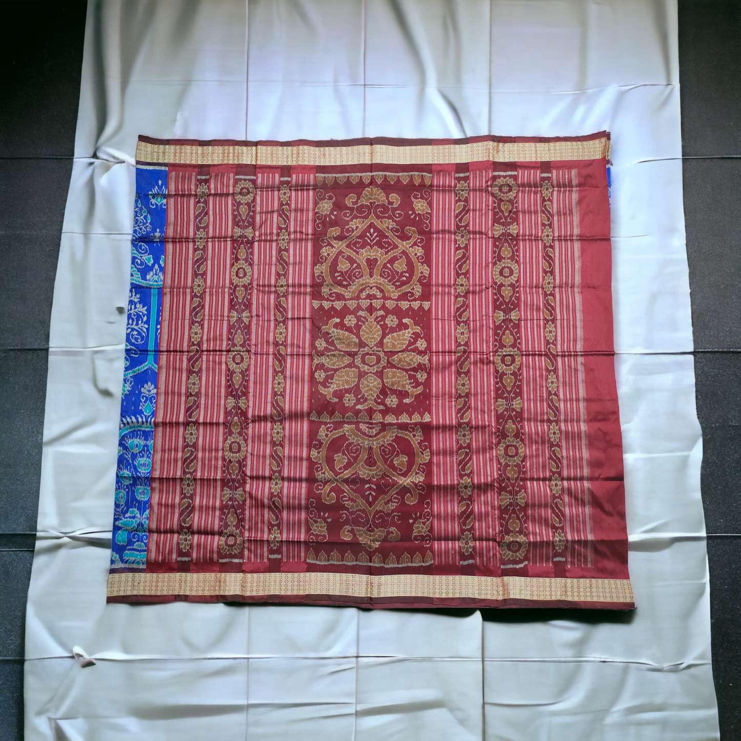 TSC Navy Blue Silk Saree with Maroon Border and Exquisite Motifs