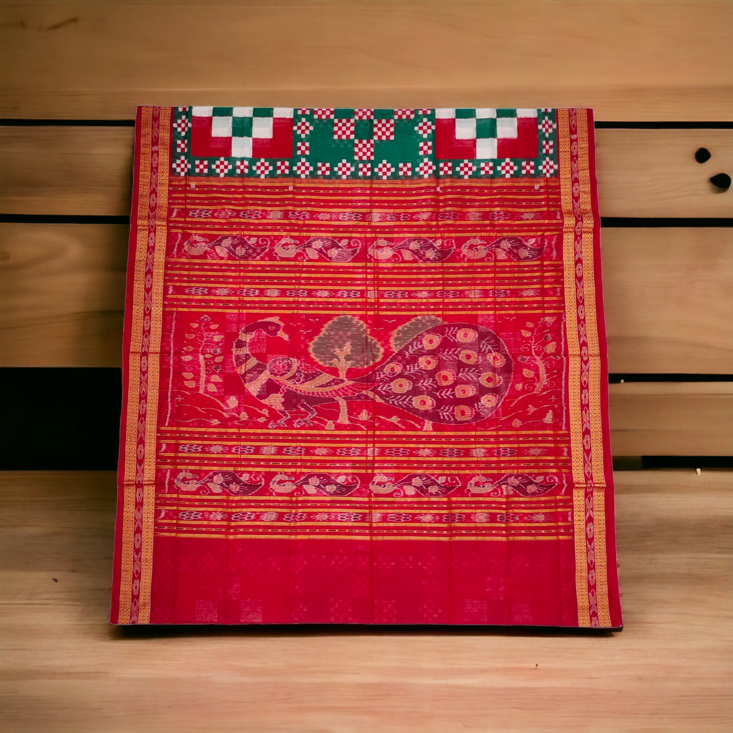 TSC Bandha Cotton Saree in Green | Red | White with Pasapalli | Sapta Designs