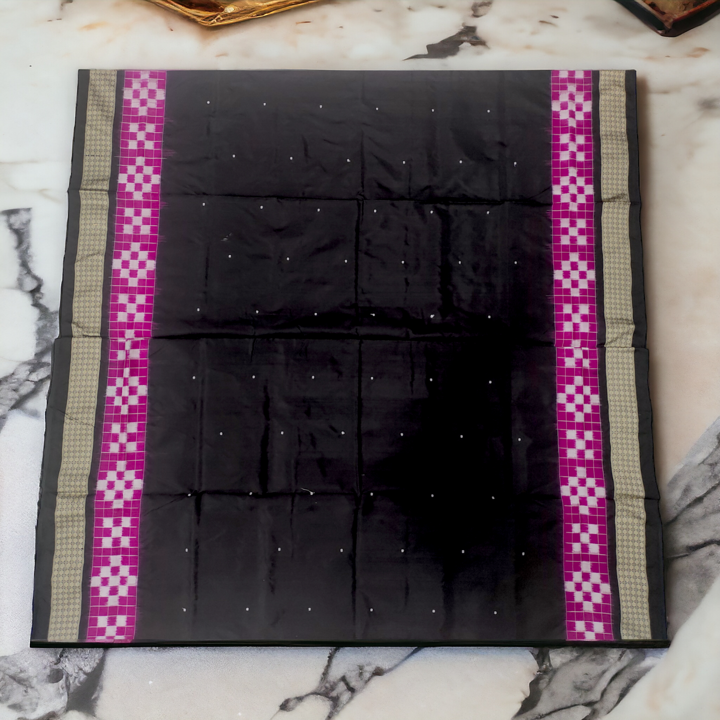 TSC Black Tie-Dyed Pure Silk Saree with Fish, Peacock, Alpana, and Lata Motifs