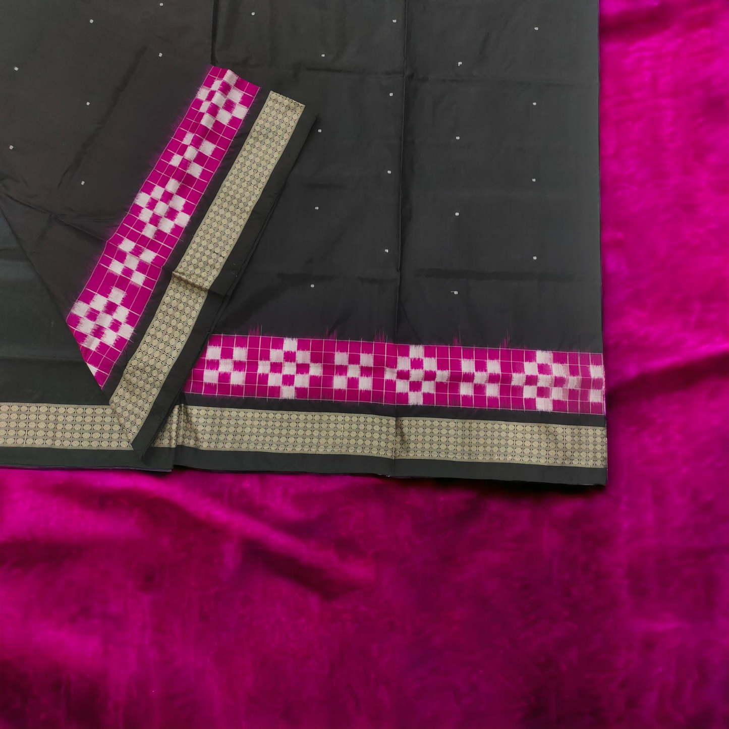 TSC Black Tie-Dyed Pure Silk Saree with Fish, Peacock, Alpana, and Lata Motifs