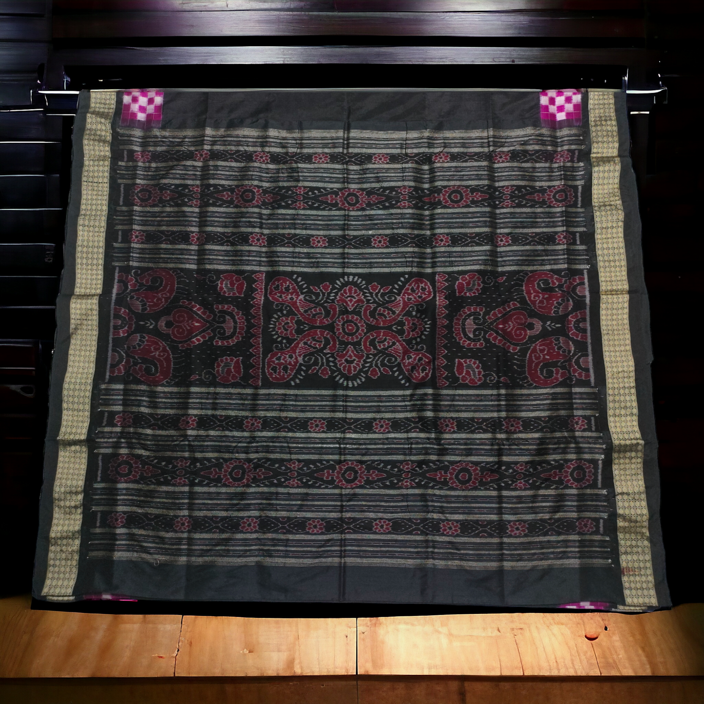 TSC Black Tie-Dyed Pure Silk Saree with Fish, Peacock, Alpana, and Lata Motifs