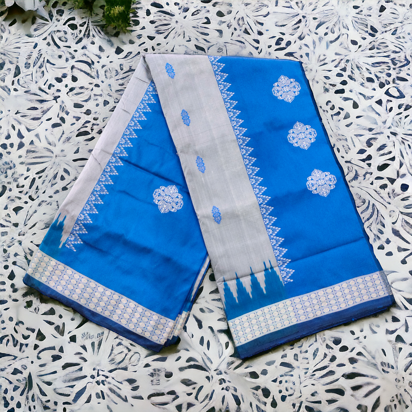 TSC Blue and Silver Bomkai Sambalpuri Silk Saree with Alpana Designs