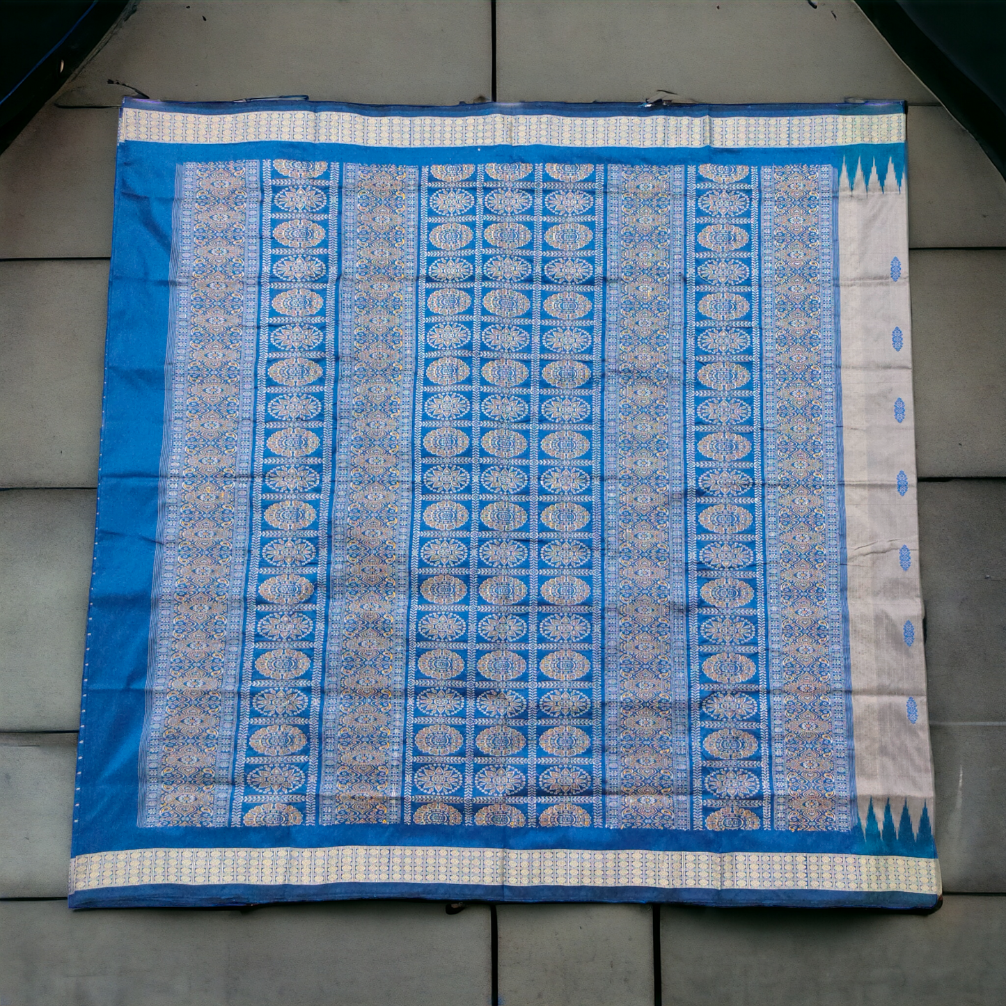 TSC Blue and Silver Bomkai Sambalpuri Silk Saree with Alpana Designs