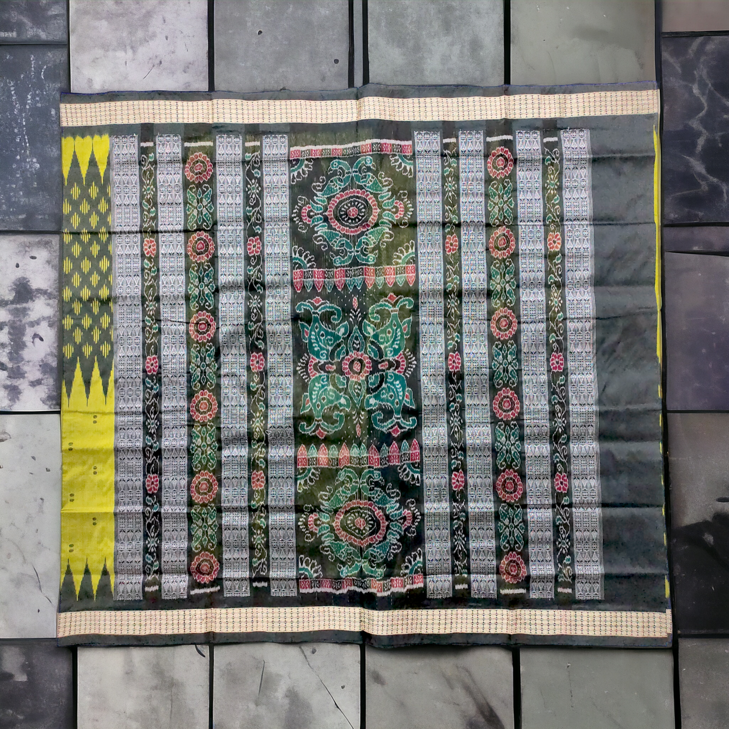 TSC Premium Green and Black Silk Bandha Saree with Geometrical Patterns