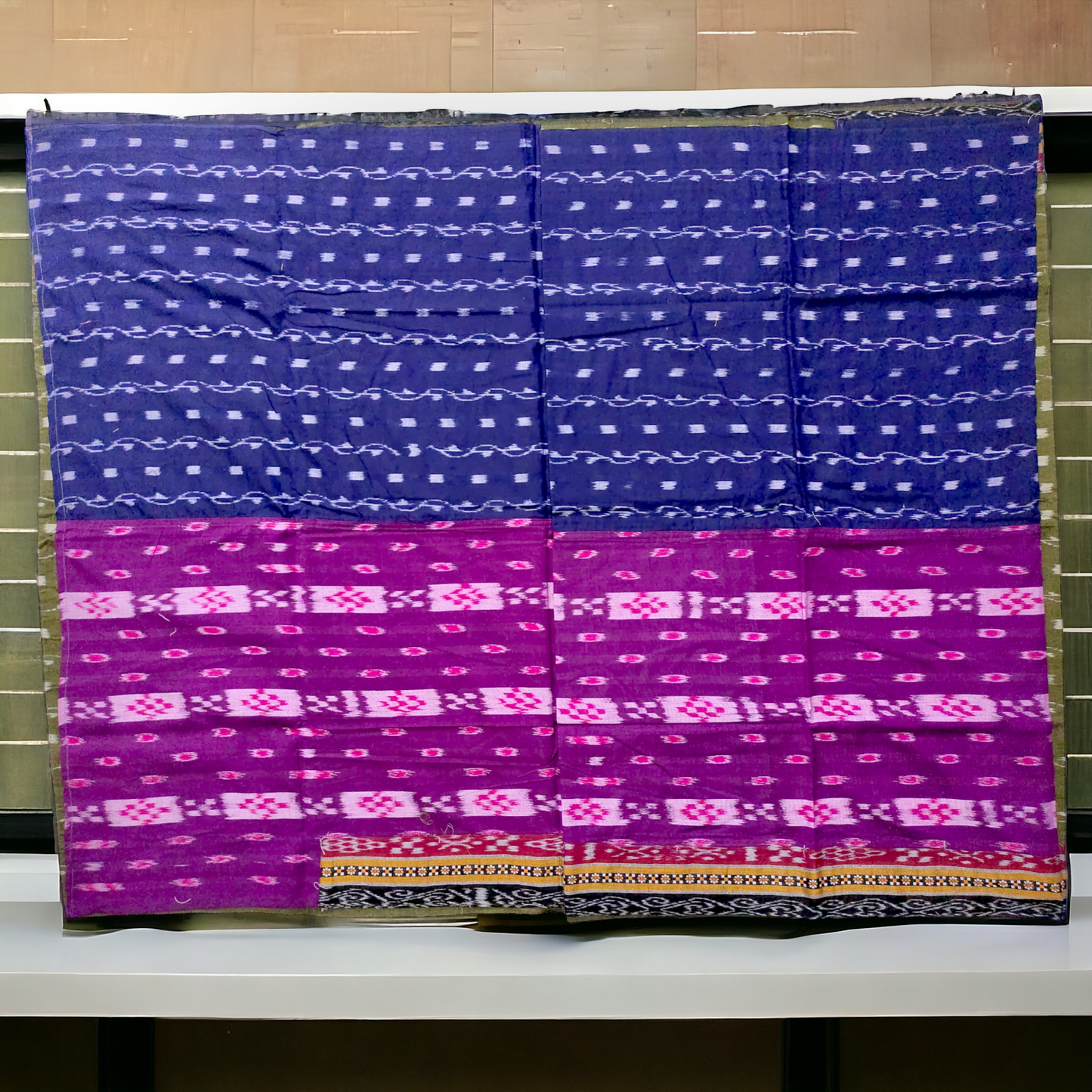 TSC Patchwork Sambalpuri Cotton Saree - Green, Blue & Purple