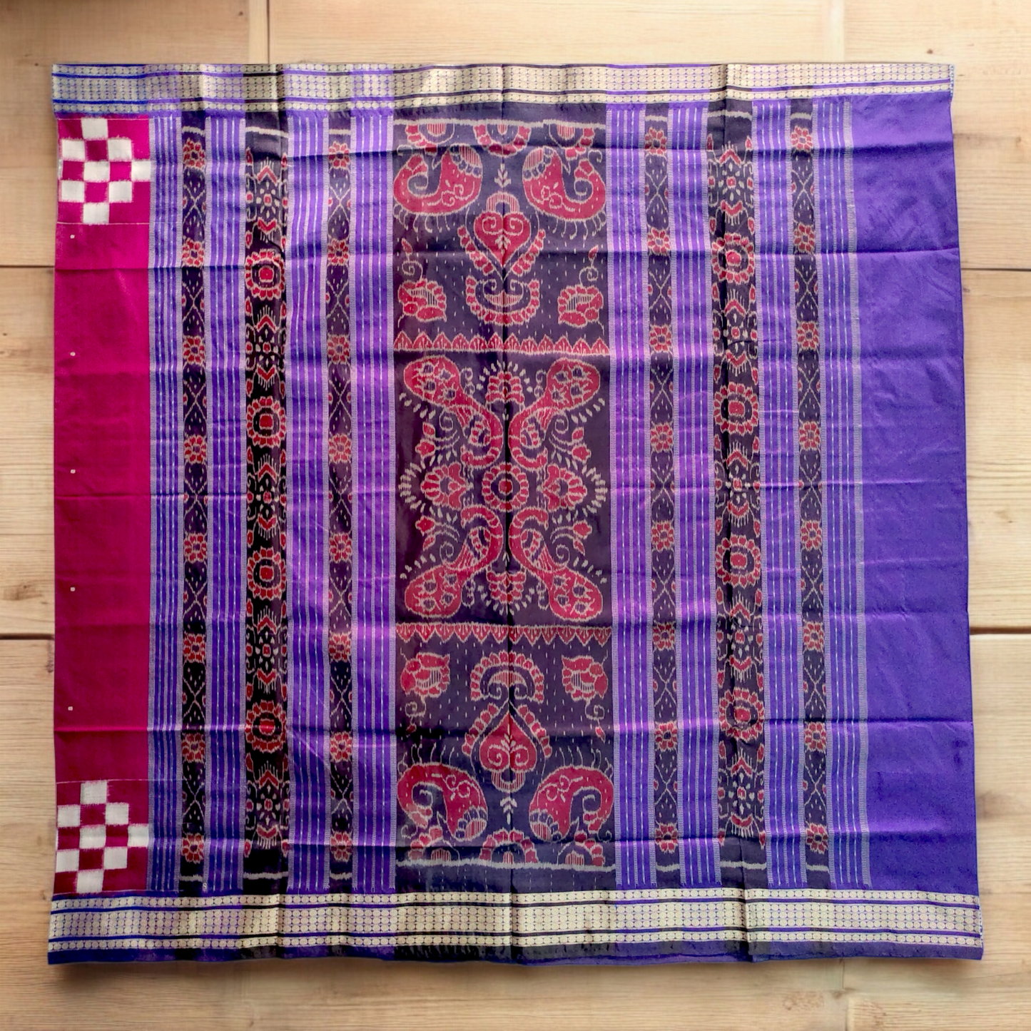 TSC Bandha Silk Saree in Vivid Pink, Navy Blue, and Purple with Bomkai Alpana Motifs | saree for parties