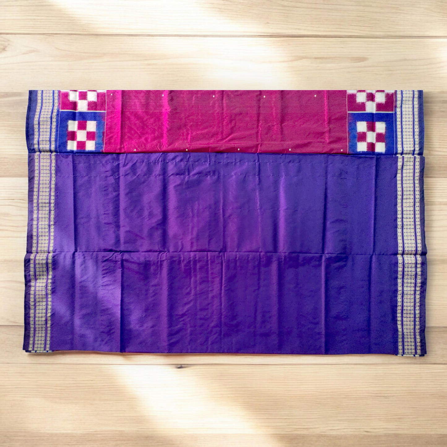 TSC Bandha Silk Saree in Vivid Pink, Navy Blue, and Purple with Bomkai Alpana Motifs | saree for parties