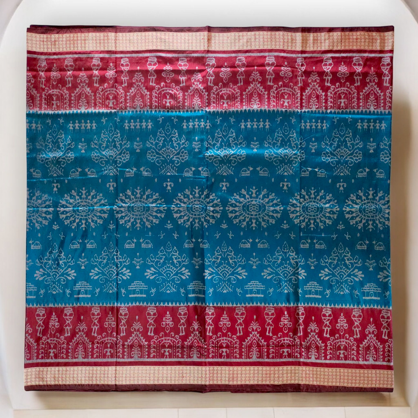 TSC Sambalpuri Bandha Silk Saree – Teal Blue & Maroon with Tribal Alpana Weave & Golden Floral Borders
