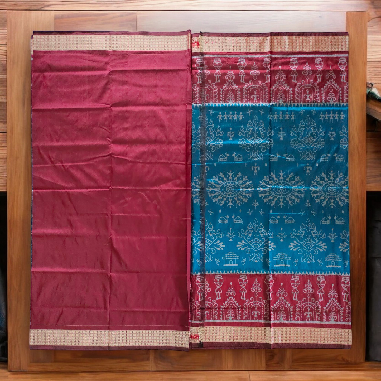 TSC Sambalpuri Bandha Silk Saree – Teal Blue & Maroon with Tribal Alpana Weave & Golden Floral Borders