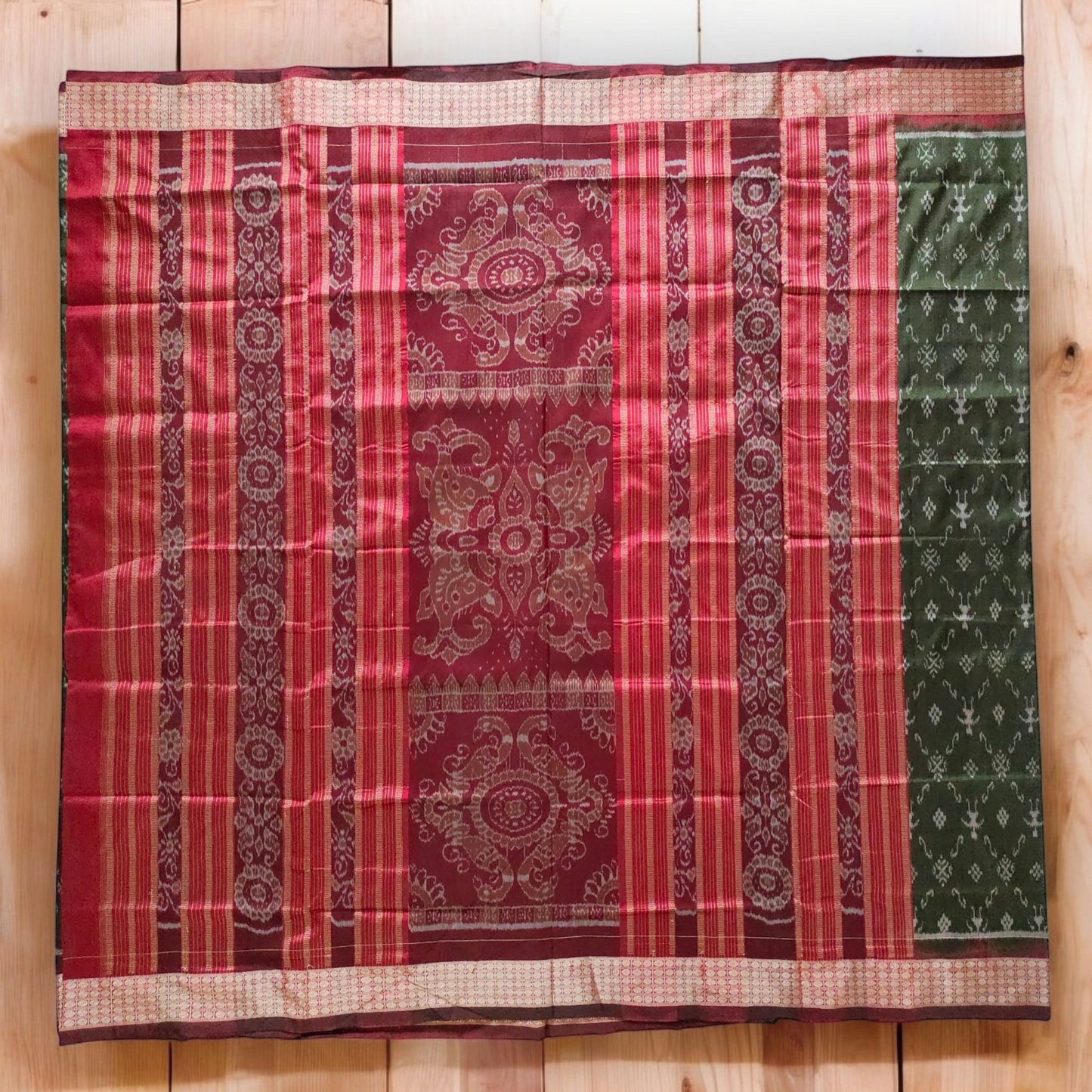 TSC Pure Bandha Silk Saree in Olive Green & Deep Maroon | Handwoven Sambalpuri Alpana & Tribal Motifs