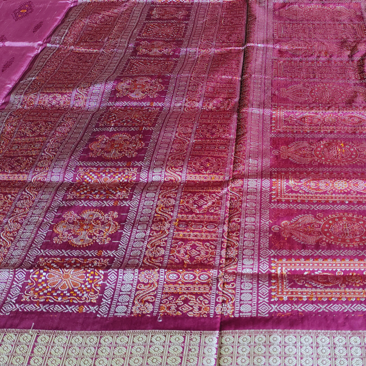 TSC Bomkai Silk Saree in Dark Pink Maroon with Golden Flower Motifs | Silk saree for women