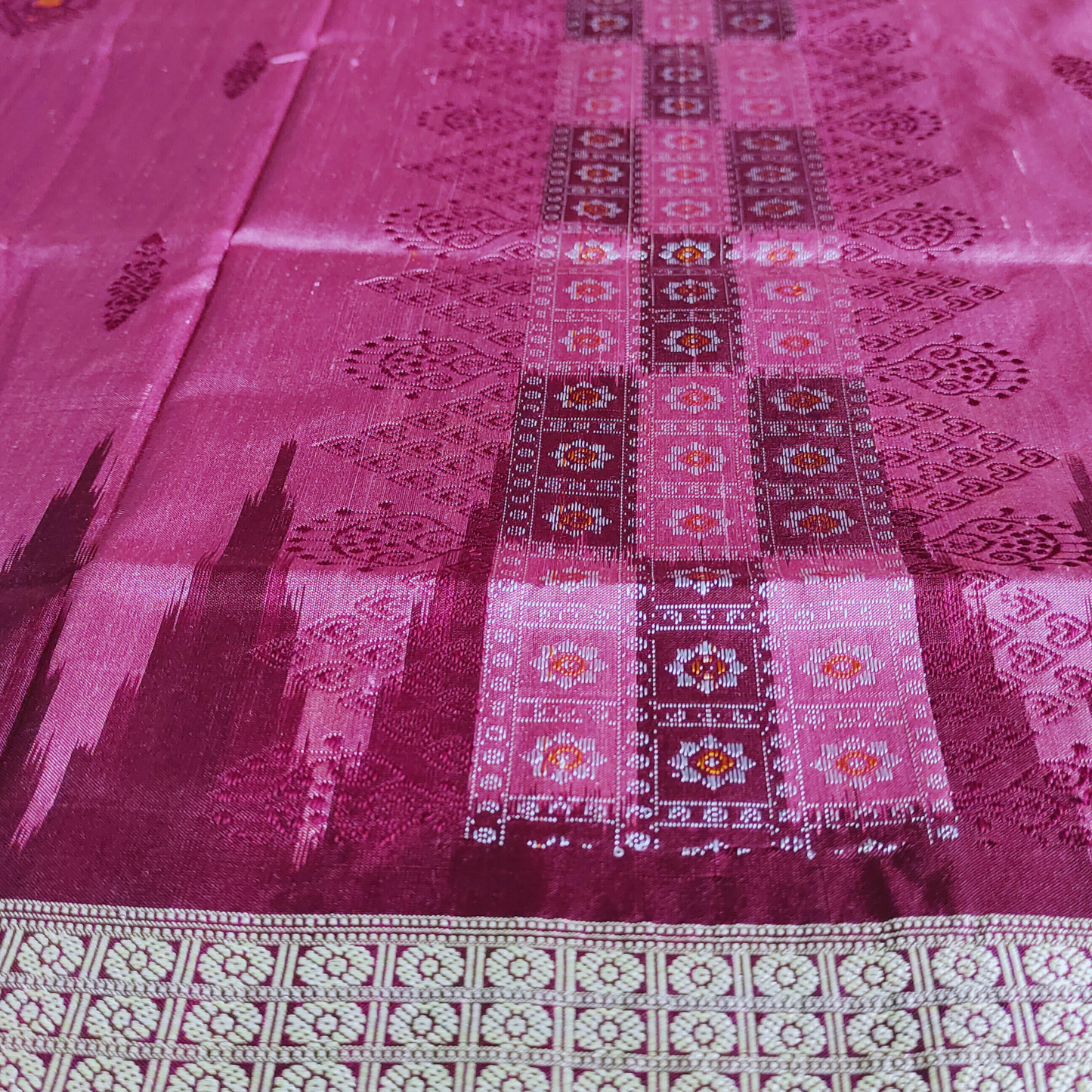 TSC Bomkai Silk Saree in Dark Pink Maroon with Golden Flower Motifs | Silk saree for women