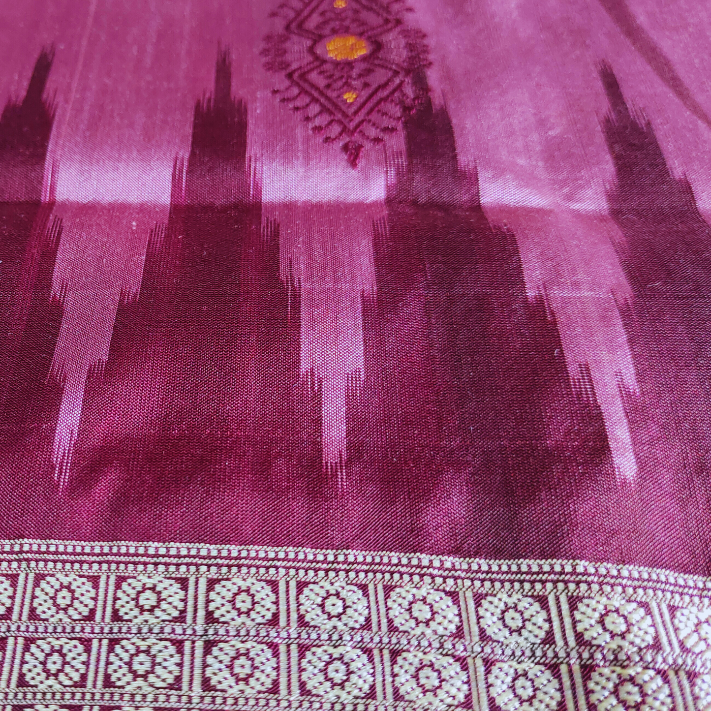 TSC Bomkai Silk Saree in Dark Pink Maroon with Golden Flower Motifs | Silk saree for women