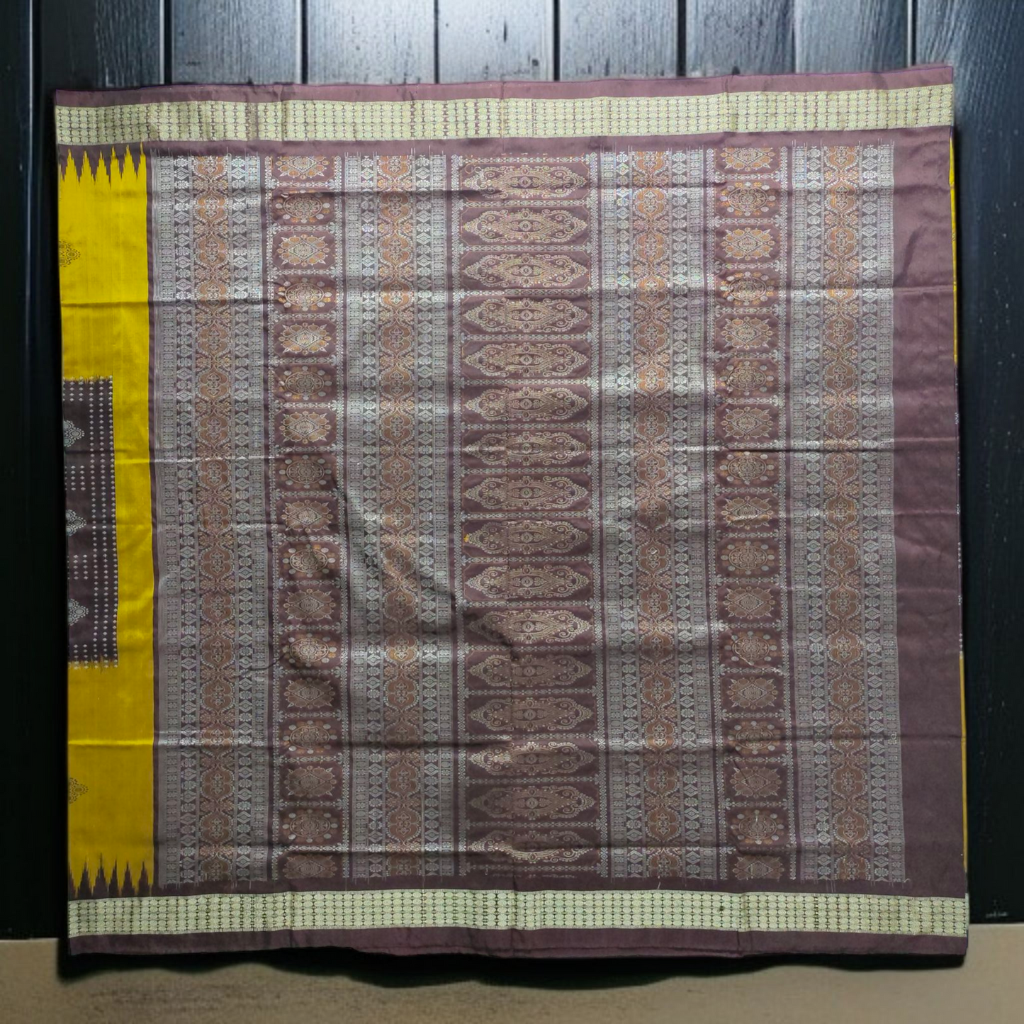 TSC Pure Bomkai Silk Saree in Golden Yellow & Chocolate Brown with Pasapalli Stripes | Handwoven Sambalpuri Silk
