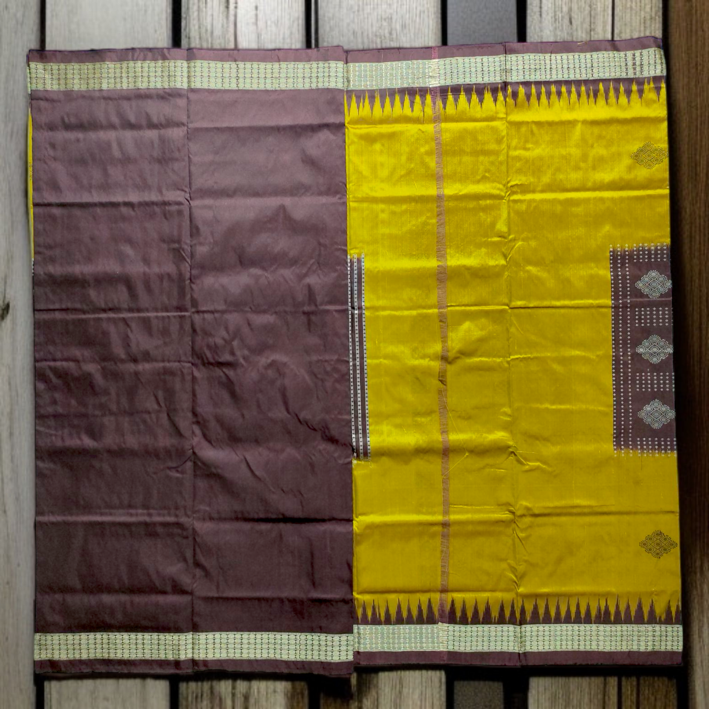 TSC Pure Bomkai Silk Saree in Golden Yellow & Chocolate Brown with Pasapalli Stripes | Handwoven Sambalpuri Silk