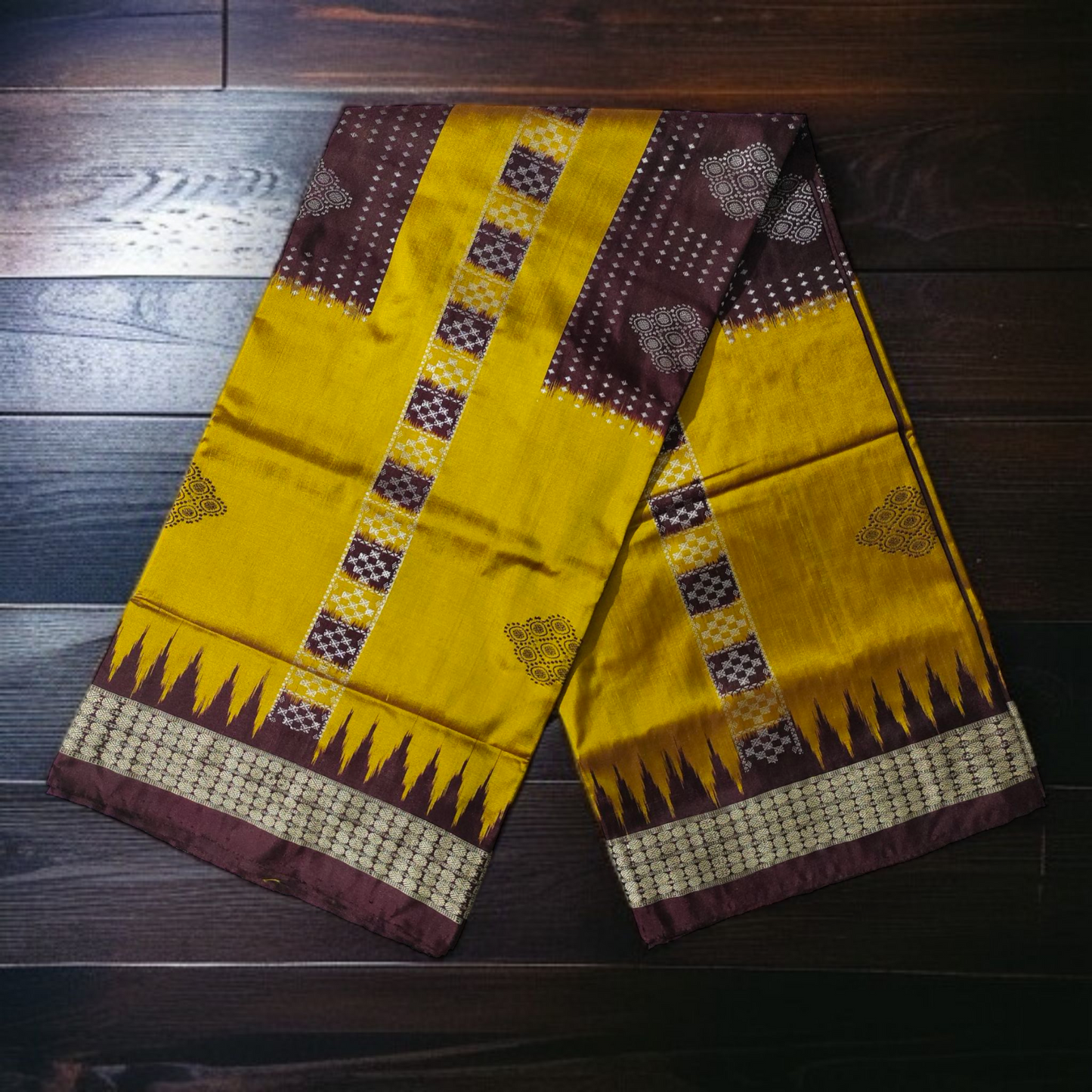 TSC Pure Bomkai Silk Saree in Golden Yellow & Chocolate Brown with Pasapalli Stripes | Handwoven Sambalpuri Silk