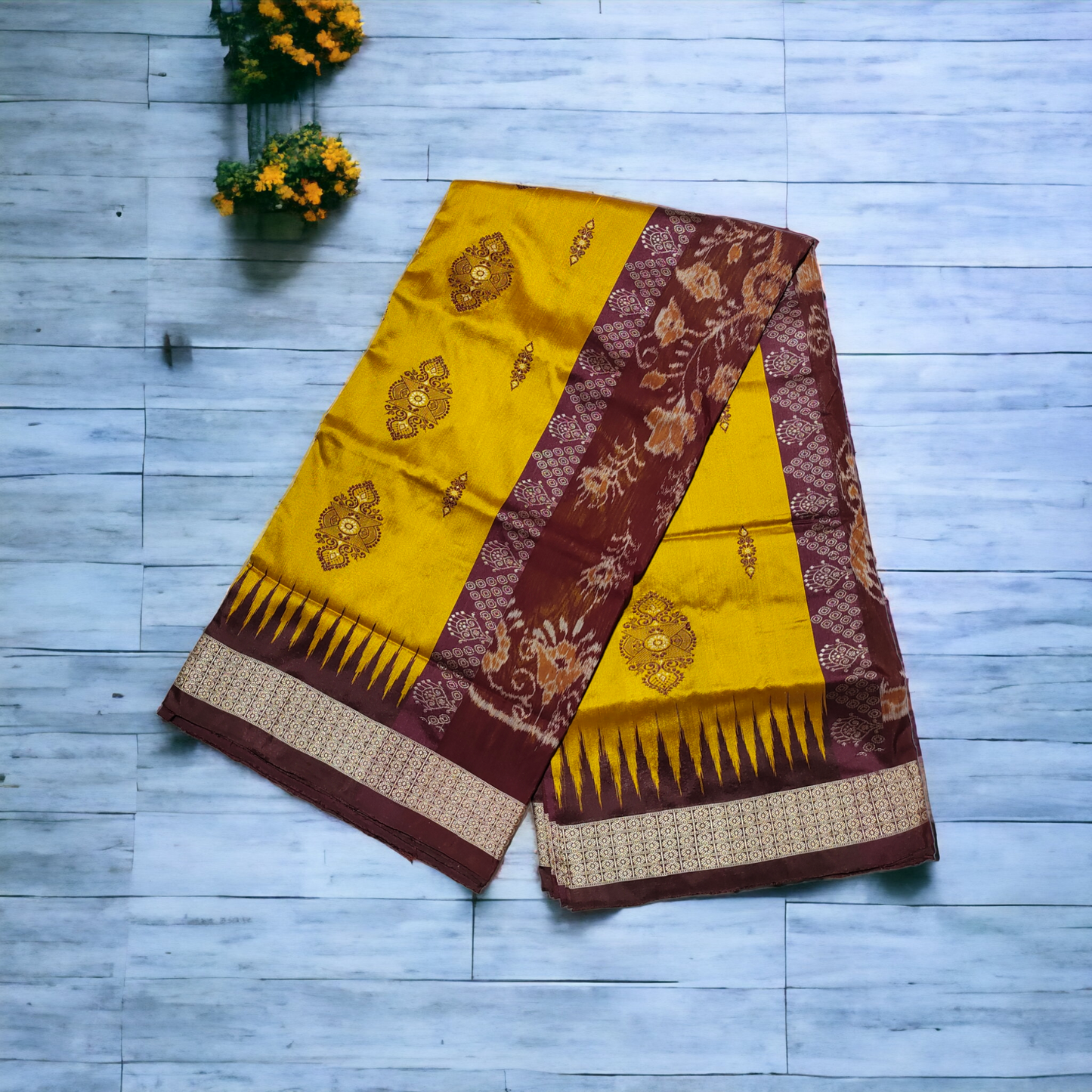 TSC Silk Sambalpuri Saree in Golden Yellow and Maroon with Peacock | Lata | Floral Motifs