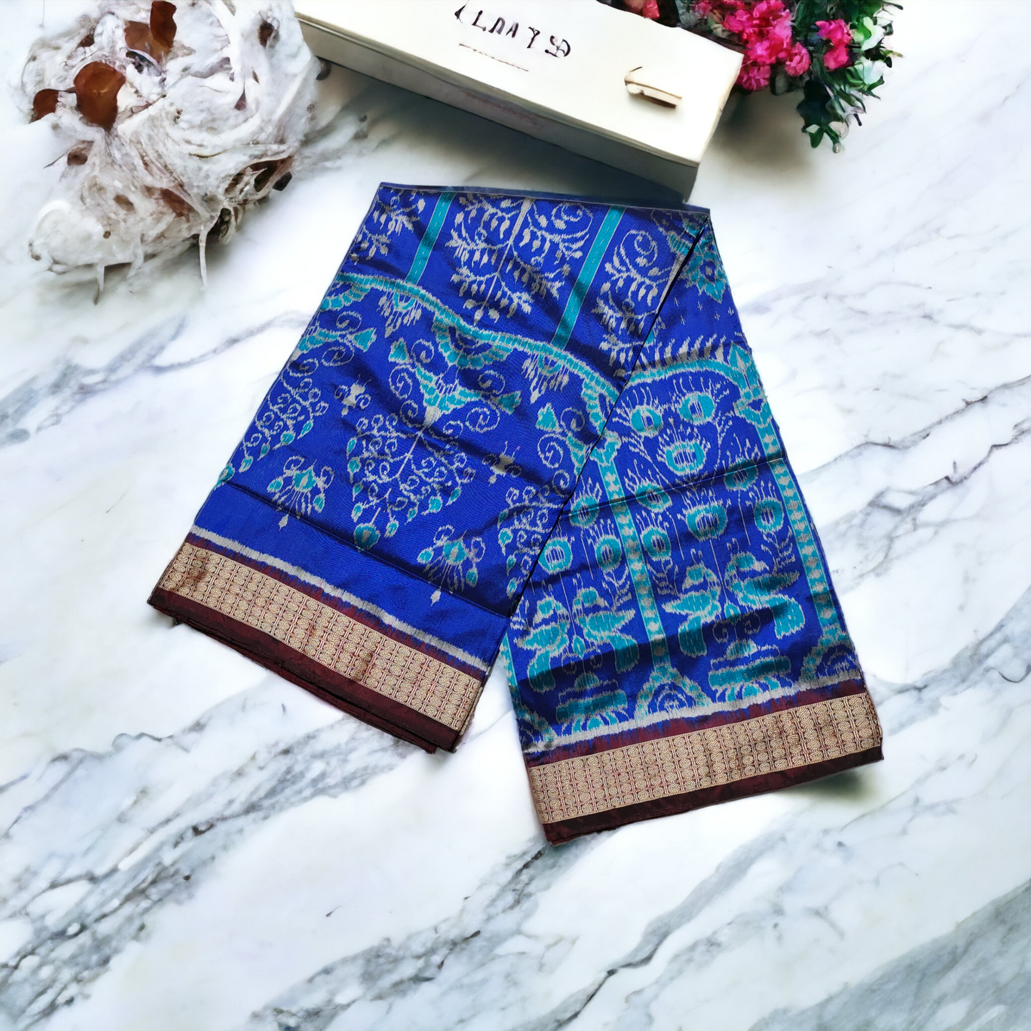 TSC Navy Blue Silk Saree with Maroon Border and Exquisite Motifs