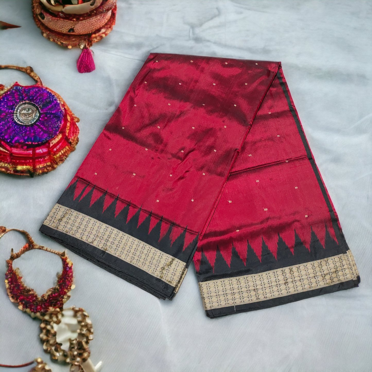 TSC Red and Black Bomkai Fusion Silk Saree