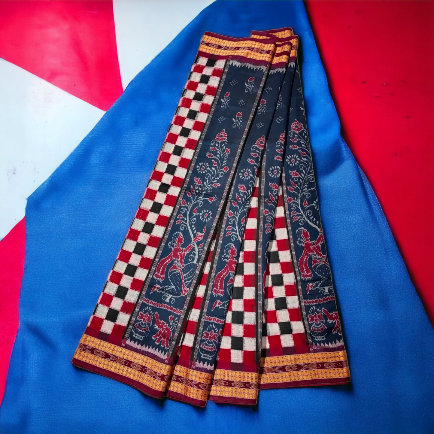 TSC Bandha Cotton Saree in Navy Blue and Maroon with Tribal Worship Motifs