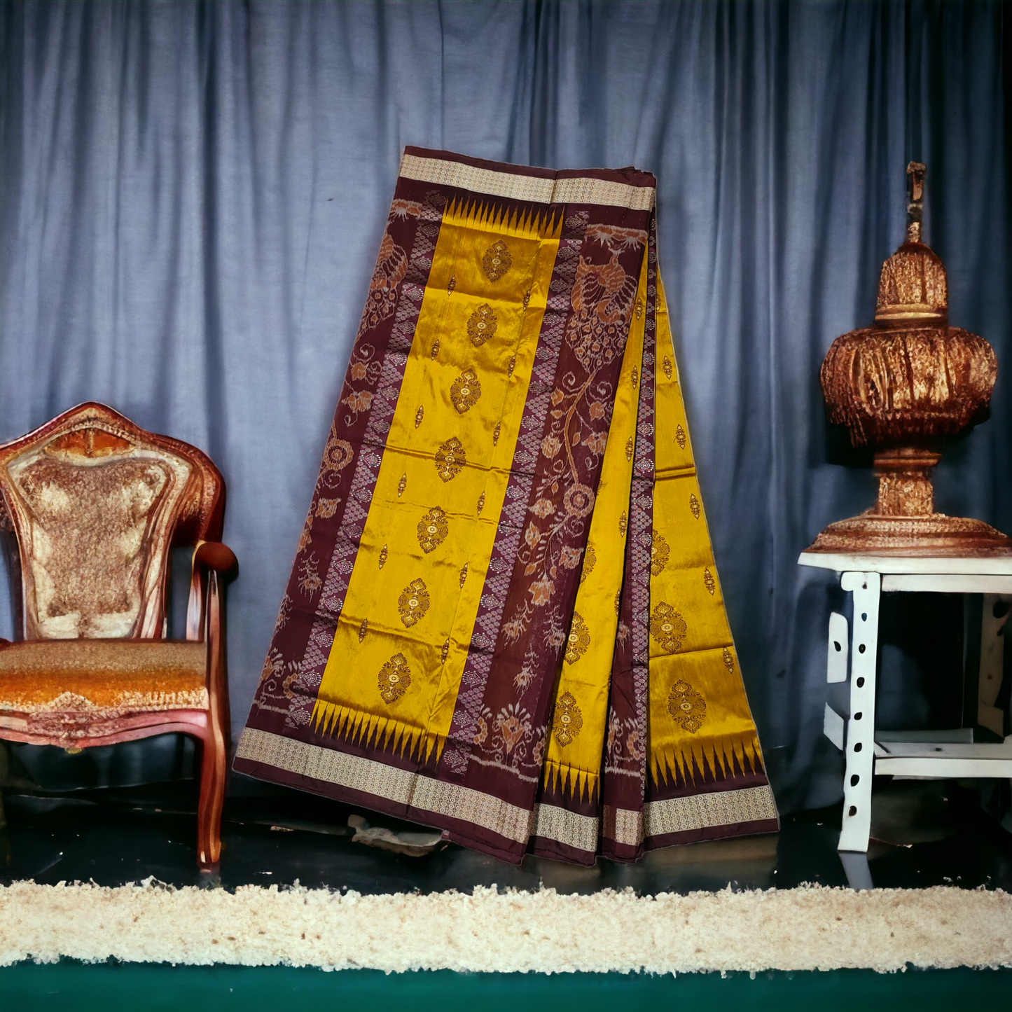 TSC Silk Sambalpuri Saree in Golden Yellow and Maroon with Peacock | Lata | Floral Motifs