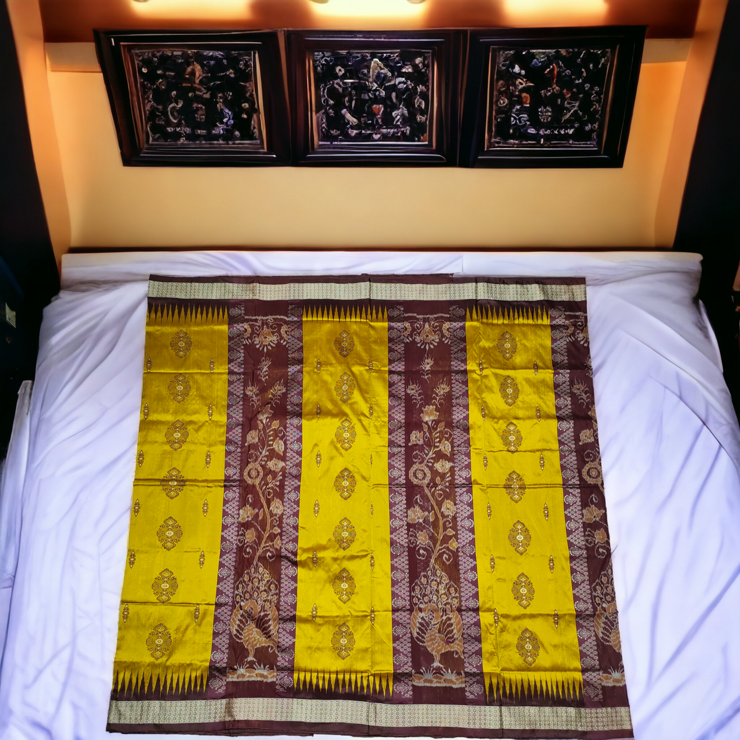 TSC Silk Sambalpuri Saree in Golden Yellow and Maroon with Peacock | Lata | Floral Motifs