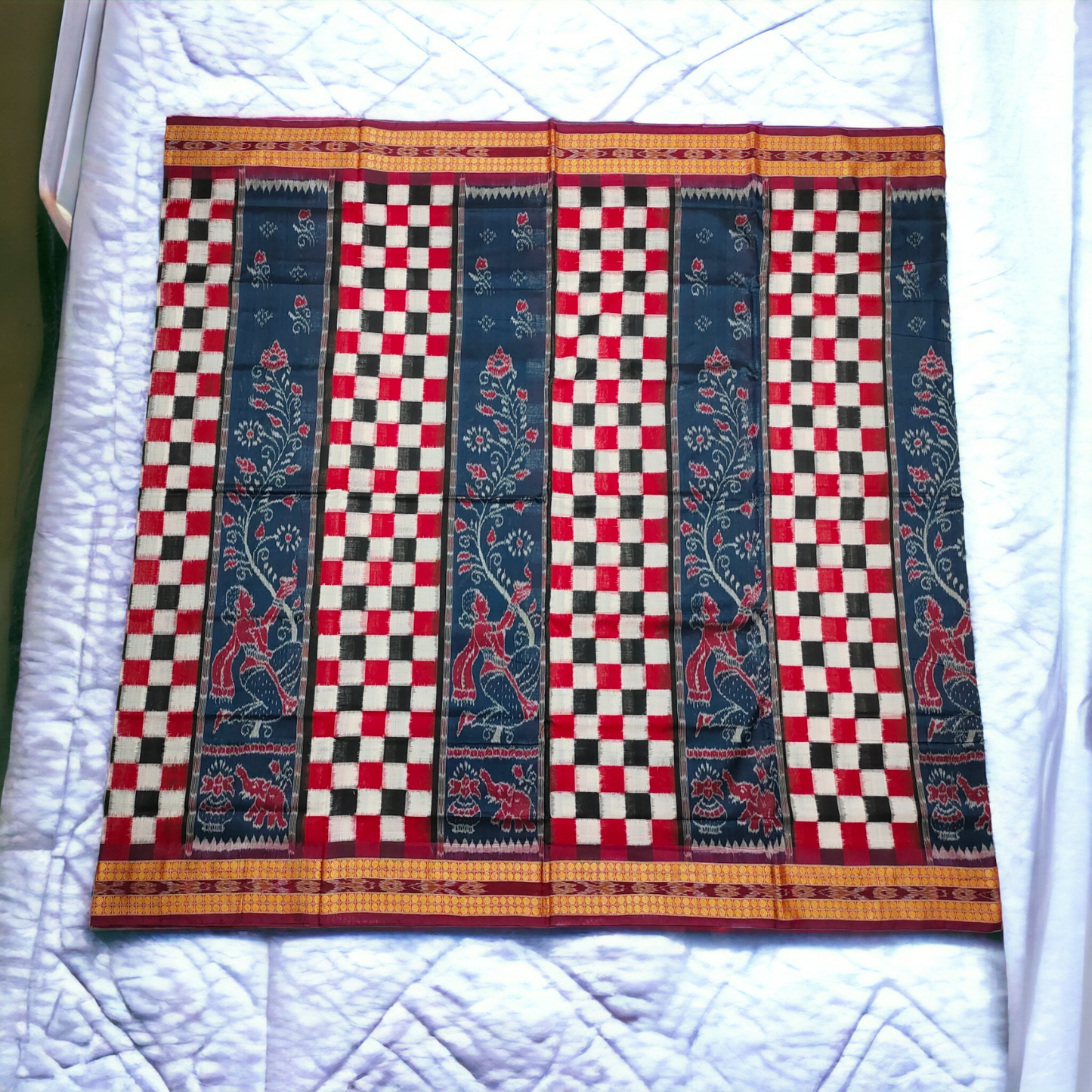 TSC Bandha Cotton Saree in Navy Blue and Maroon with Tribal Worship Motifs