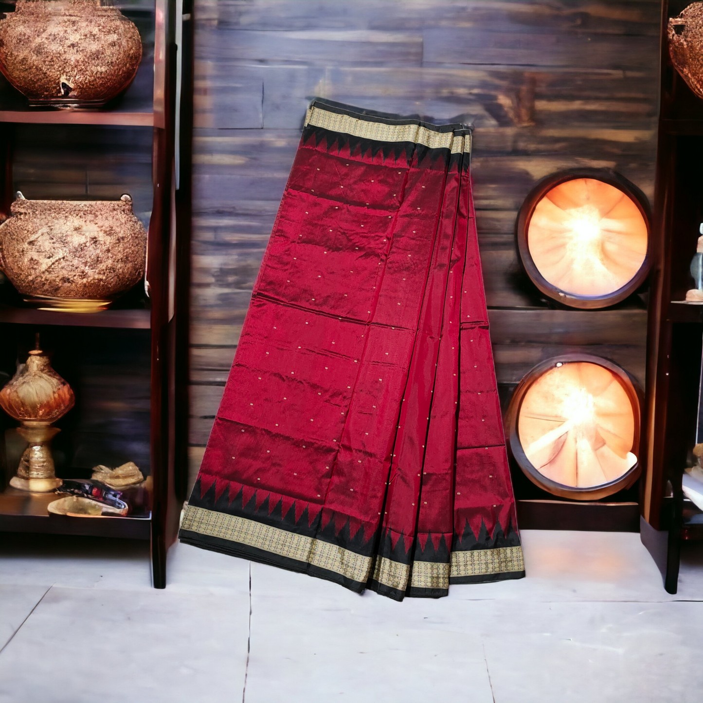 TSC Red and Black Bomkai Fusion Silk Saree