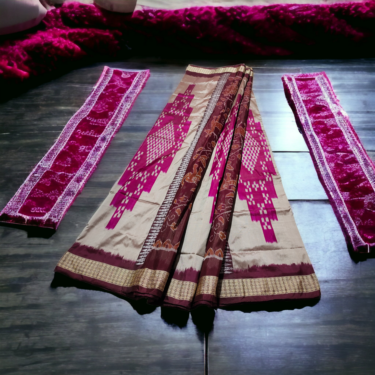 TSC Bandha Silk Saree in Silver | Pink Sapta Design | Maroon with Exquisite Motifs