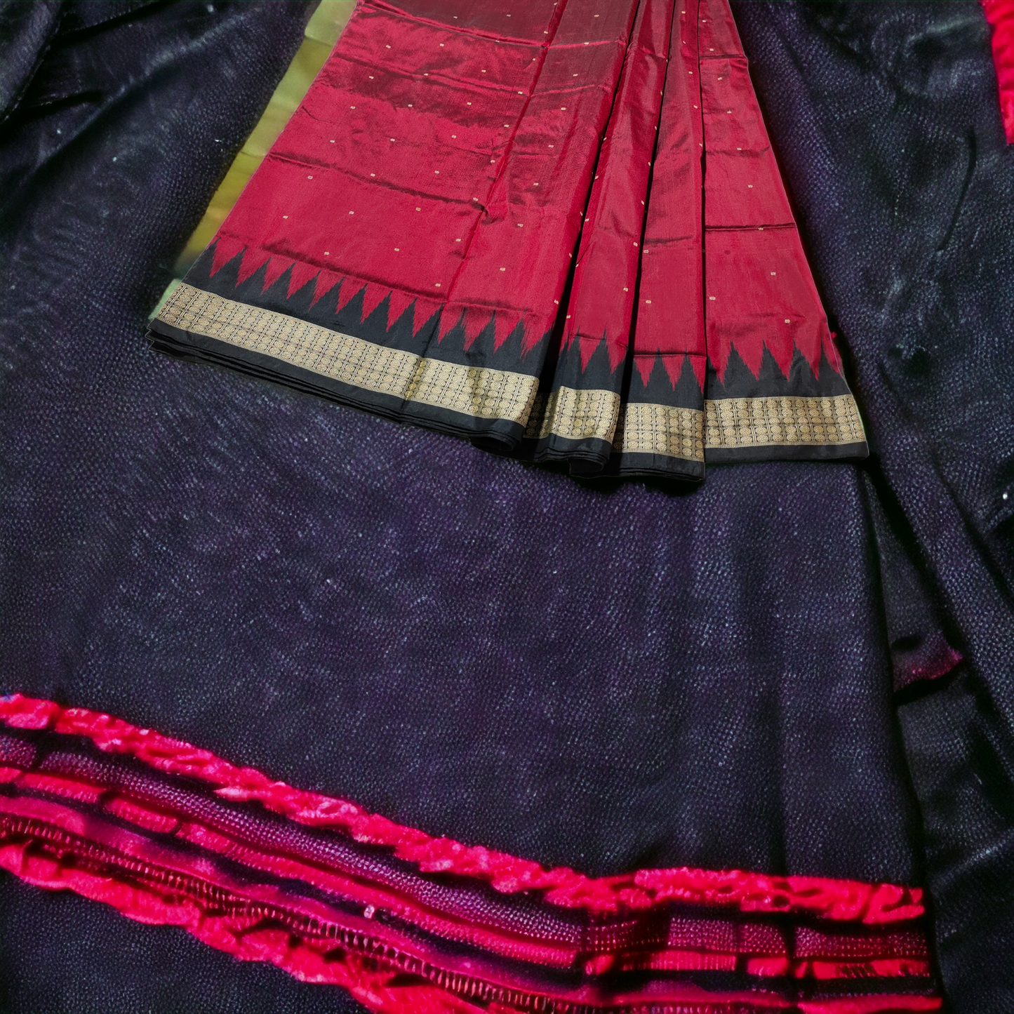 TSC Red and Black Bomkai Fusion Silk Saree