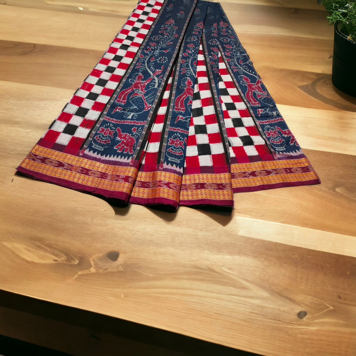 TSC Bandha Cotton Saree in Navy Blue and Maroon with Tribal Worship Motifs
