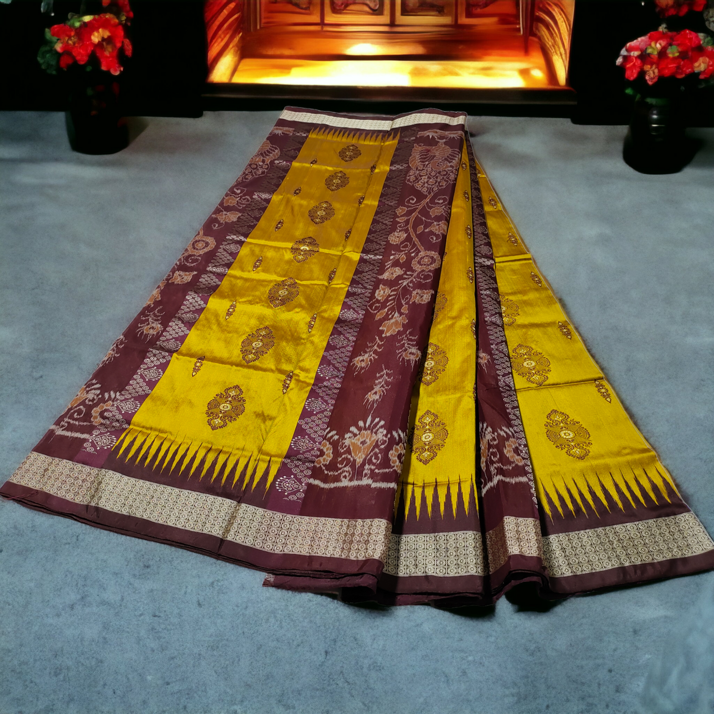 TSC Silk Sambalpuri Saree in Golden Yellow and Maroon with Peacock | Lata | Floral Motifs
