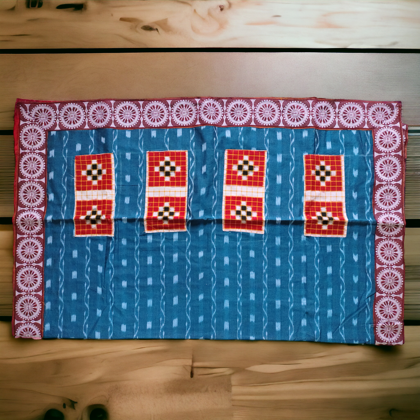 TSC Patchwork Sambalpuri Cotton Saree - Blue & Red