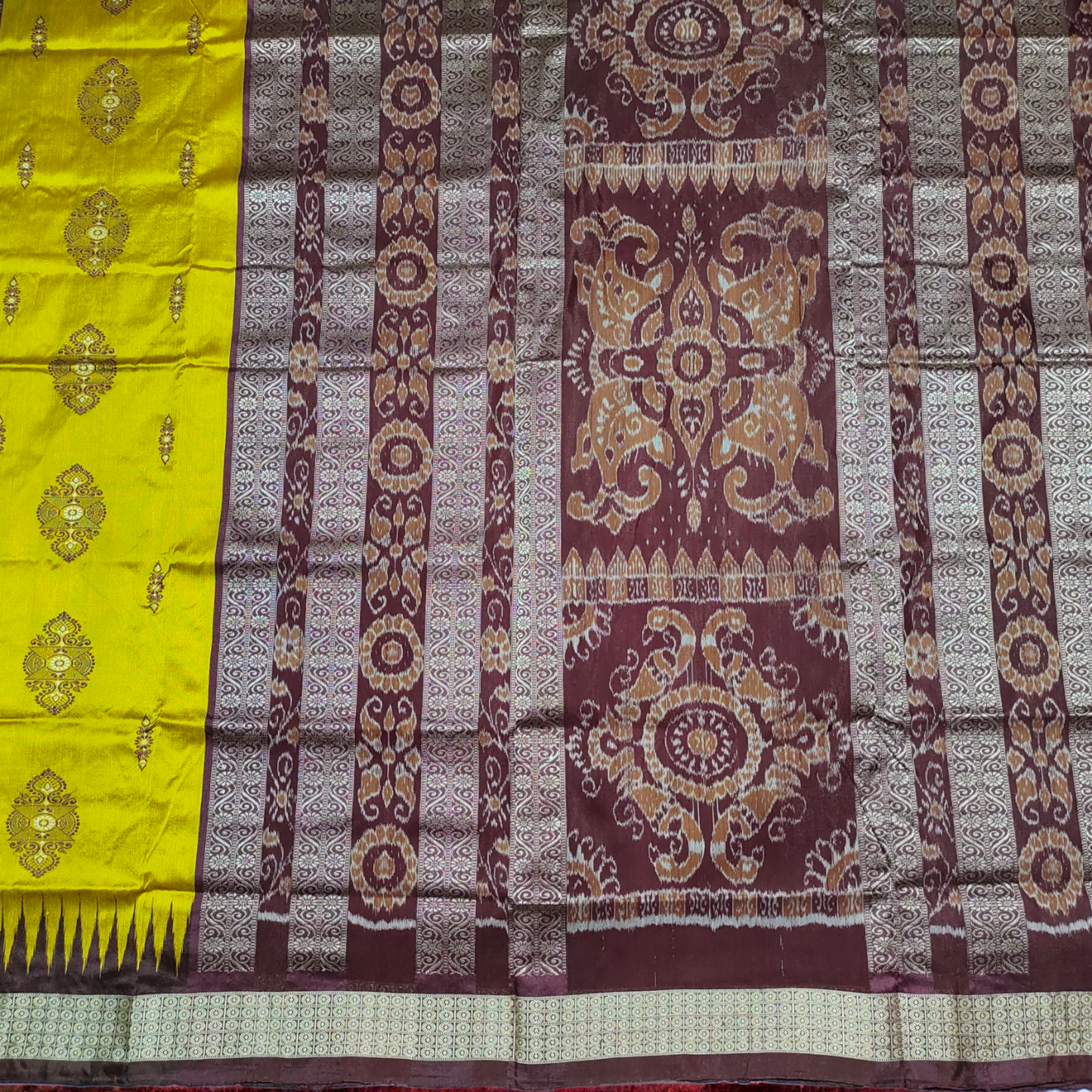 TSC Silk Sambalpuri Saree in Golden Yellow and Maroon with Peacock | Lata | Floral Motifs