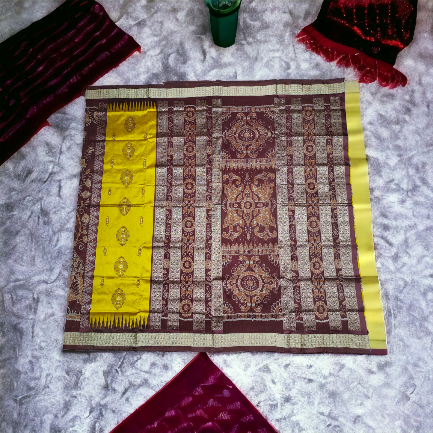TSC Silk Sambalpuri Saree in Golden Yellow and Maroon with Peacock | Lata | Floral Motifs