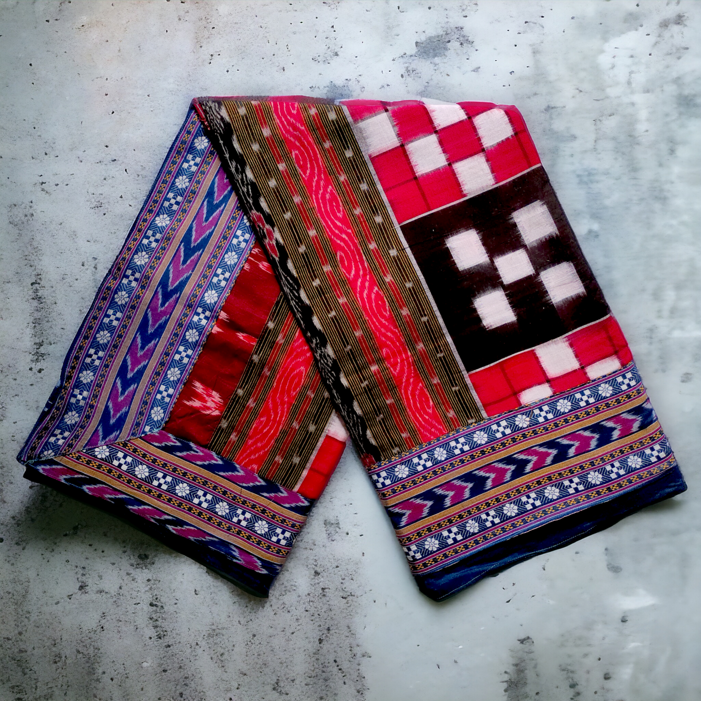 TSC Patchwork Sambalpuri Cotton Saree - Blue and Maroon with Pasapalli Design
