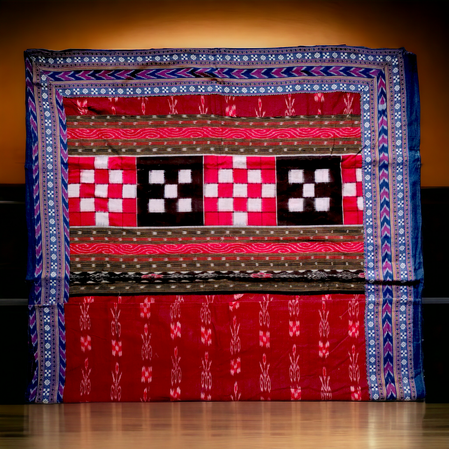 TSC Patchwork Sambalpuri Cotton Saree - Blue and Maroon with Pasapalli Design
