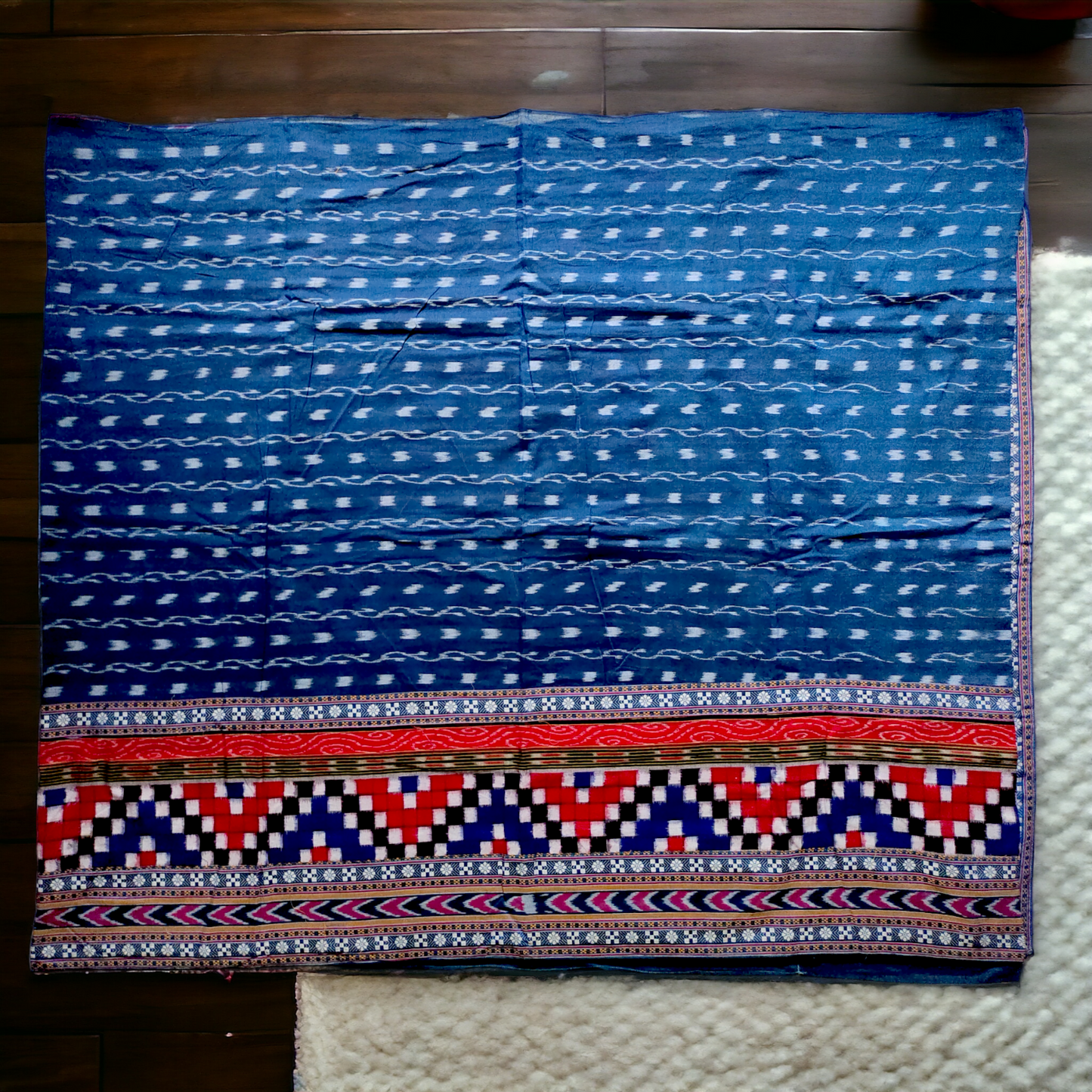TSC Patchwork Sambalpuri Cotton Saree - Blue and Maroon with Pasapalli Design