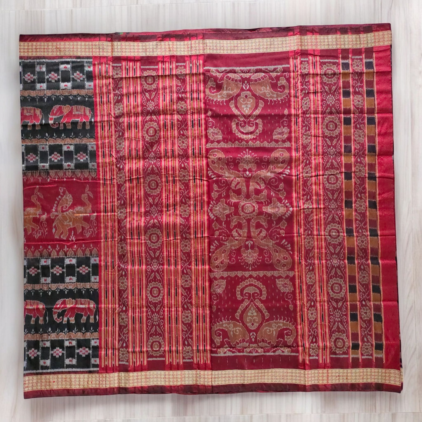 TSC Sambalpuri Silk Bandha Saree – Black & Maroon with Elephant & Nature Motifs | saree for events