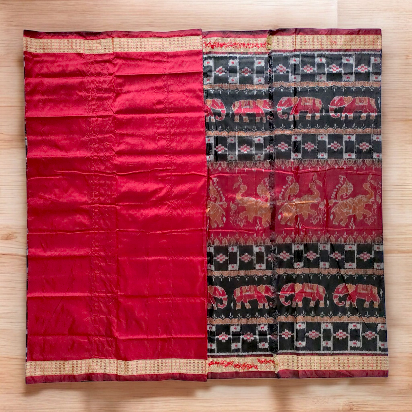 TSC Sambalpuri Silk Bandha Saree – Black & Maroon with Elephant & Nature Motifs | saree for events