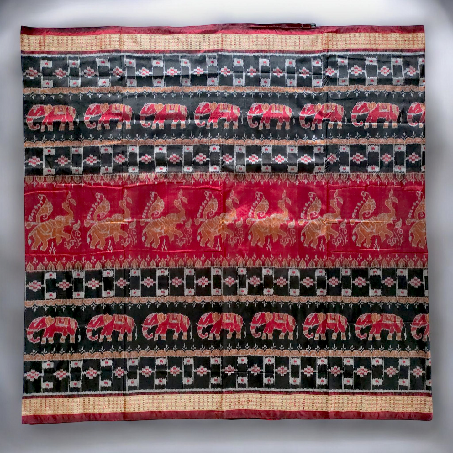 TSC Sambalpuri Silk Bandha Saree – Black & Maroon with Elephant & Nature Motifs | saree for events