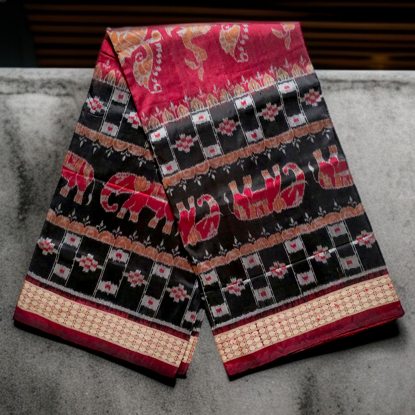 TSC Sambalpuri Silk Bandha Saree – Black & Maroon with Elephant & Nature Motifs | saree for events