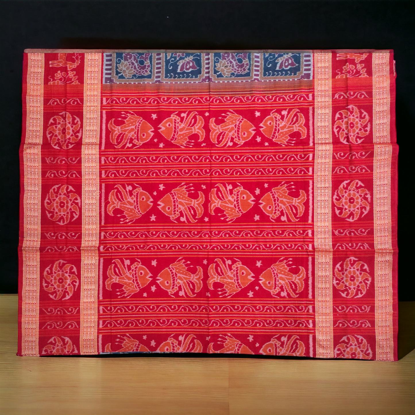 TSC Premium Sambalpuri Cotton Saree in Green and Maroon with Double Fish Motifs Border
