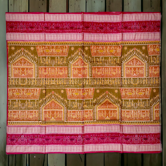 TSC Dark Yellow and Maroon Premium Sambalpuri Cotton Saree with Double Border