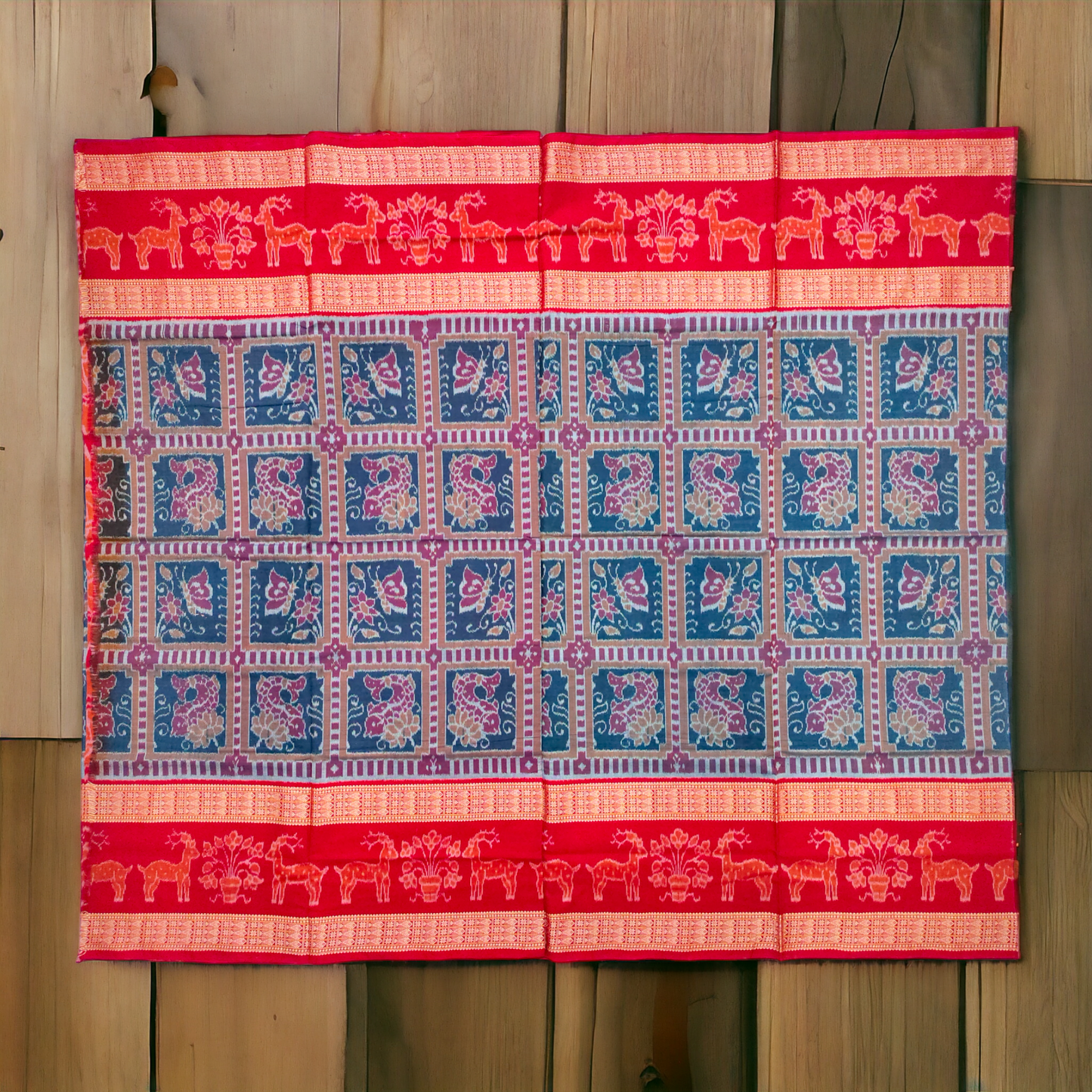 TSC Premium Sambalpuri Cotton Saree in Green and Maroon with Double Fish Motifs Border